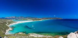 Watchtower Prints: Aerial done panoramic view of Porto Giunco beach and tower in Villasimius, Sardinia, Italy