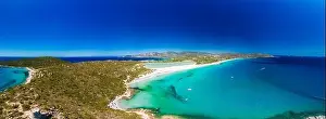 Watchtower Prints: Aerial done panoramic view of Porto Giunco beach and tower in Villasimius, Sardinia, Italy