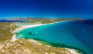 Watchtower Prints: Aerial done panoramic view of Porto Giunco beach and tower in Villasimius, Sardinia, Italy