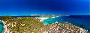 Watchtower Prints: Aerial done panoramic view of Porto Giunco beach and tower in Villasimius, Sardinia, Italy