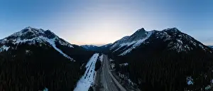 Aerial Panoramic View of a scenic Highway passing in the Canadian Landscape