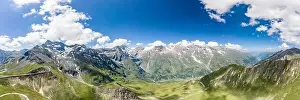 Tirol Prints: Aerial panoramic view of serpentine Taxenbacher Fusch high alpine road in Grossglockner in Austria
