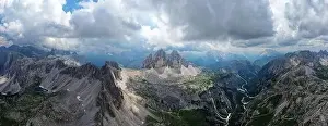 European Alps Prints: Aerial panoramic view of Tre Cime di Lavaredo mountain in the Dolomites