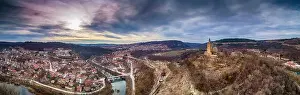 Veliko Prints: Aerial panoramic View of Tsarevets fortress over Veliko Tarnovo in Bulgaria - Image