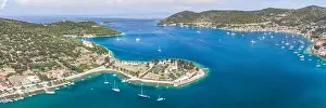 Riva Prints: Aerial panoramic view of Vis Island port with St