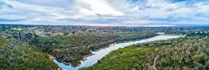 Mornington Peninsula Prints: Aerial panorma of Frankston Reservoir and Port Phillip Bay in Melbourne, Australia