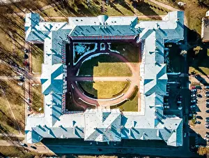 Organized Prints: Aerial perspective of a large rectangular building with a central courtyard