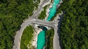 Aerial Perspective: Napoleon Bridge Spanning Turquoise Soca River, Slovenia