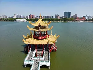Stone Bridge Prints: Aerial Perspective of Taiwan Historic Spring and Autumn Pavilion Over Calm Lake