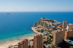 Drone Photo Prints: Aerial photo of the beautiful city of Benidorm in Spain showing the south beach Promenade and the hotels