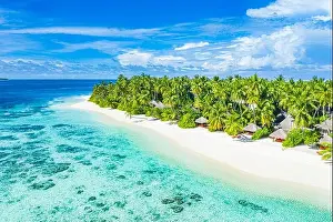 Aerial photo of beautiful Maldives paradise tropical beach. Amazing view, blue turquoise lagoon water, palm trees and white sandy beach. Luxury travel