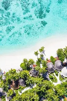 Aerial photo of beautiful Maldives paradise tropical beach. Amazing view, blue turquoise lagoon water, palm trees and white sandy beach. Luxury travel