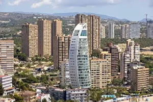 Drone Photo Prints: Aerial photo of the beautiful town of Benidorm in Spain showing the high rise buildings