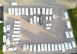 Campsite Prints: Aerial photo of a caravan storage yard showing rows of caravans
