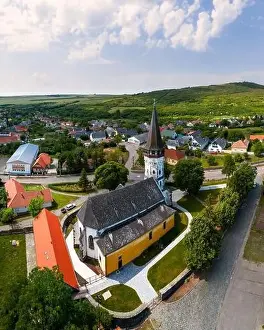 Old Church Prints: Aerial photo about the Church of the Assumption in Gyongyospata Hungary