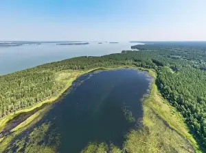 Boggy Prints: Aerial photo panorama of forest boggy lake in the Karakansky pine forest near the shore of the Ob reservoir