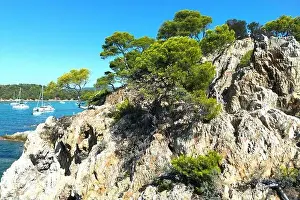 Moorings Prints: Aerial Photo of a rocky cliff by Plage de l'Estagnol in the Var department