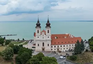 Benedictine Prints: Aerial photo shows the historical Benedictine monastery of Tihany