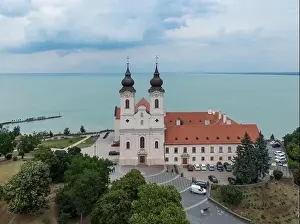 Benedictine Prints: Aerial photo shows the historical Benedictine monastery of Tihany