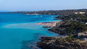 Aerial photo of Spiaggia La Pelosa and Spiaggia Dela Pelosetta in the north-west of Sardinia