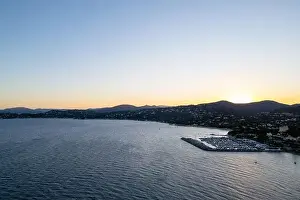 Moorings Prints: Aerial photo at sunset of the sea around San Peire Port and Les Issambres in the Var