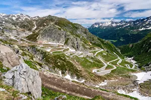 Bend Prints: Aerial photo Tremola, pass road Gotthardpass, canton Ticino, Switzerland