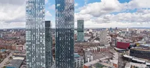 Penthouse Prints: Aerial photograph of the top two Deansgate Square residential apartment towers with Manchester city centre