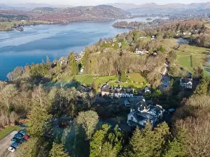Drone Photo Prints: Aerial photograph of houses in the foreground and Lake Windermere