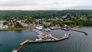 Automobile Prints: Aerial photograph of the tourist mecca of Bayfield on an overcast summer morning; Bayfield