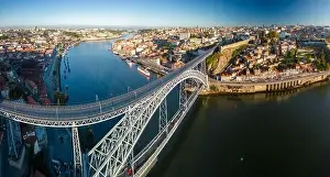 Blue Boat Prints: Aerial photography of Porto, Ribeira and Douro River at sunrise