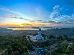 360 Degree View Prints: aerial photography scenery blue sky and blue ocean behind Phuket white big Buddha