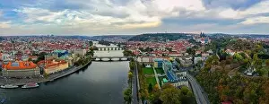 Charles Bridge Prints: Aerial Prague panoramic drone view of the city of Prague at the Old Town Square