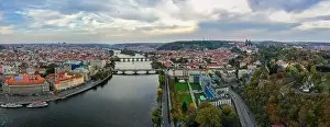Charles Bridge Prints: Aerial Prague panoramic drone view of the city of Prague at the Old Town Square