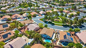 Las Vegas Prints: Aerial Residential Neighborhood With Park and Pool in Suburban Las Vegas