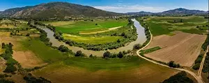 Thessaly Prints: Aerial rural panoramic landscape with Pinios river in the mindle of the frame