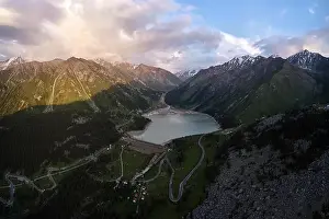 Almaty Prints: Aerial shoot of Big Almaty Lake, Tien Shan Mountains in Almaty, Kazakhstan