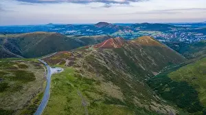 Upland Prints: Aerial shoot over scenic upland valley at sunset in United Kingdom
