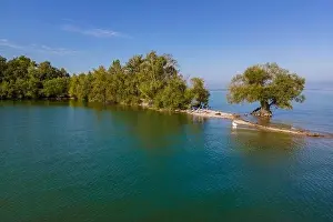 Aerial shot with a drone of the local recreation area at the Wocherhafen at the Lake Constance in Austria