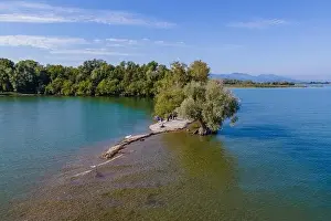 Aerial shot with a drone of the local recreation area at the Wocherhafen at the Lake Constance in Austria