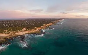 Sorrento Prints: An aerial shot of Mornington Peninsula towards Point Nepean and Port Phillip Bay at sunset in Victoria