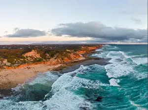 Sorrento Prints: An aerial shot of Mornington Peninsula towards Point Nepean and Port Phillip Bay at sunset in Victoria