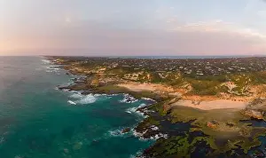 Sorrento Prints: An aerial shot of Mornington Peninsula towards Point Nepean and Port Phillip Bay at sunset in Victoria