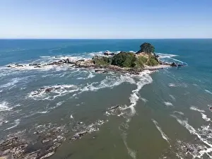 Sea Lions Prints: Aerial shot of the picturesque Isla Maiquillahue in the Pacific Ocean of Chile