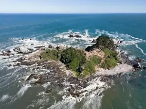Sea Lions Prints: Aerial shot of the picturesque Isla Maiquillahue in the Pacific Ocean of Chile