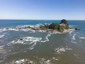 Sea Lions Prints: Aerial shot of the picturesque Isla Maiquillahue in the Pacific Ocean of Chile