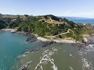 Sea Lions Prints: Aerial shot of the picturesque landscape at Isla Maiquillahue in the Pacific Ocean of Chile