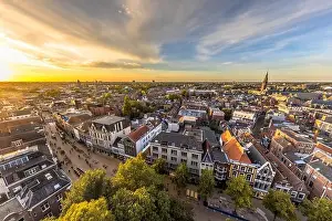 Groningen Prints: Aerial Skyline view of historic Groningen city centre under setting sun. The Netherlands