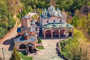 Orthodox Christianity Prints: Aerial spring view of Saint Joachim Osogovski Orthodox monastery & church complex with elaborate frescoes