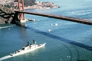 Aerial starboard quarter view of the Spruance Class destroyer USS PAUL F