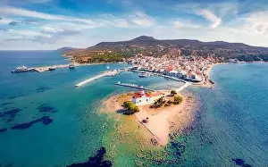 Lagoon Bay Prints: Aerial summer cityscape of Saint Spiridon church and Elafonisos port on background